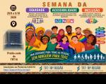 Imagem com fundo bege, ilustrações coloridas e textos informativos sobre o evento.